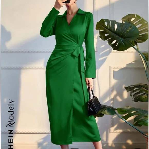 Solid Wrap Tie Side Dress - Picture 1 of 7